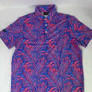 Sunday Swagger The Palms Blue and Pink Tropical Palm Leaf Polo Shirt Size M